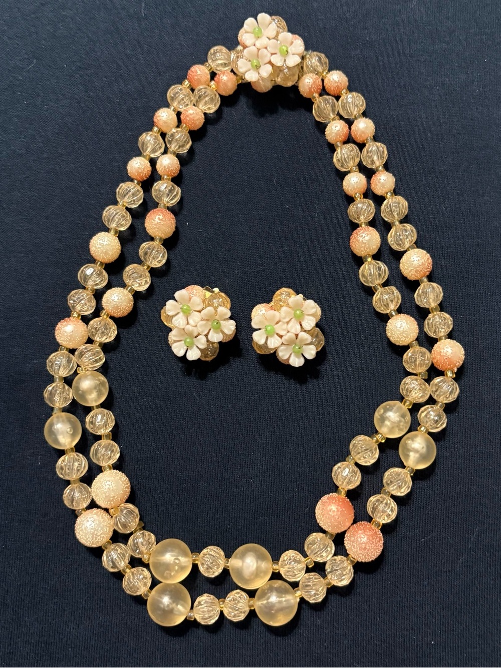 Vintage Floral Peach and Gold Bead Necklace & Earring Set